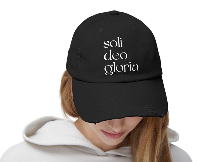 Soli Deo Gloria (To God Alone Be The Glory) Unisex Distressed Cap, Casual Fashion Hat, Gift for Friends, Everyday Wear, Trendy Accessories