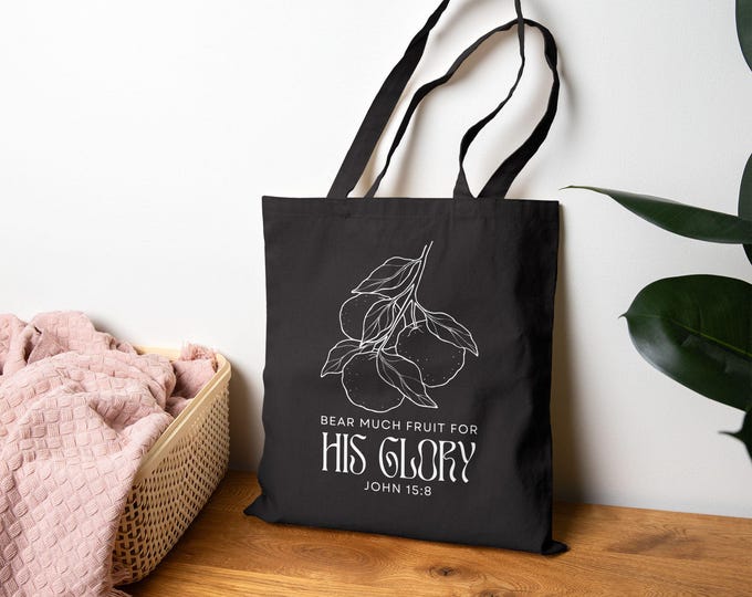 Bear Much Fruit For His Glory, Cotton Canvas Tote Bag, Eco-Friendly Shopping Bag, Large Market Tote, Bible Verse Quote Bag
