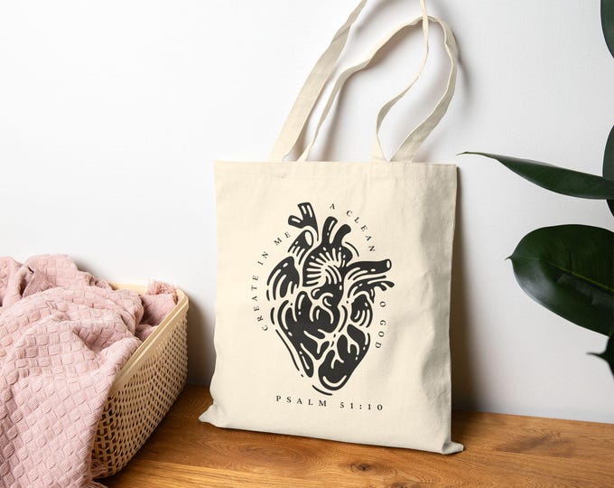 Christian Cotton Canvas Tote Bag - "Create in Me a Clean Heart" | Eco-Friendly Gift, Bible Verse Bag, Everyday Use, Church Events,