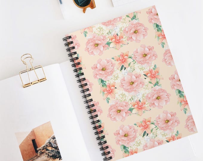 Floral Spiral Notebook (Pink) - Ruled Lines | Cute Stationery, Flower Journal, Gifts for Her, Study Notes, Floral Design, Personalized Diary