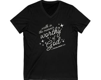 神にふさわしいクリスチャンVネックシャツ - テサロニケ人への手紙第一 2章12節の聖句Tシャツ - 信仰にインスパイアされたユニセックスシャツ - 聖句Tシャツギフト