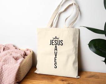 イエスは救うキャンバストートバッグ｜クリスチャンコットンエコトート｜食料品、本、ギフトに使える再利用可能な信仰バッグ｜ミニマルな聖句デザイン