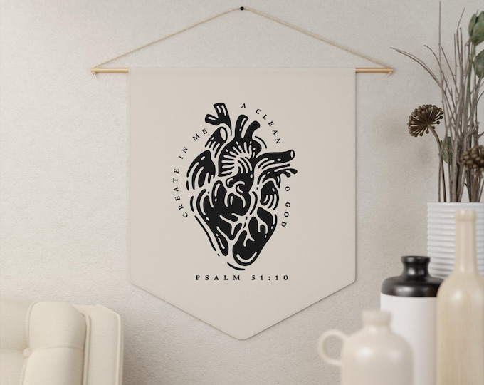 Create In Me A Clean Heart Wall Pennant for Home Decor, Heart Design, Psalm 51:10, Faith Decor, Christian Wall Art, Christian Gift Idea