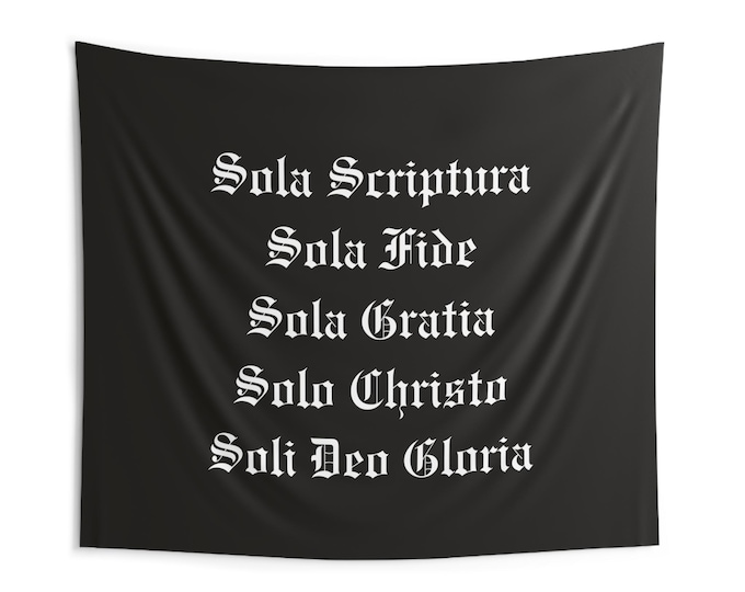 The 5 Solas (Christian Beliefs) Black Wall Tapestry with Text Design, Home Decor, Bohemian Style, Wall Art, Christian Decor, Unique Gifts