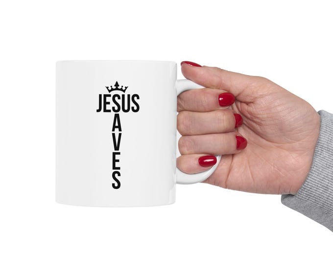 Jesus Saves Ceramic Mug 11oz | Christian Coffee Mug with Crown Cross Design | Faith-Inspired Gift for Her or Him | Scripture Drinkware