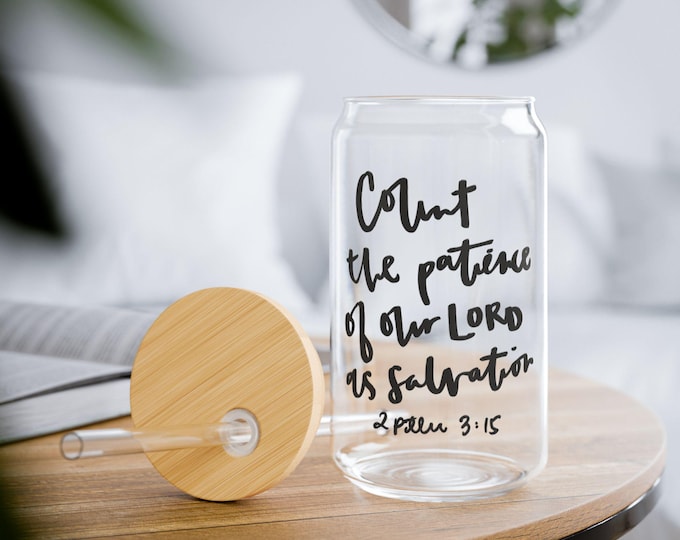 Hand Lettered Bible Verse, Sipper Glass - 16oz, Inspirational Glass Jar, Cute Water Bottle, Gifts for Bible Lovers, Scripture, Church Gift