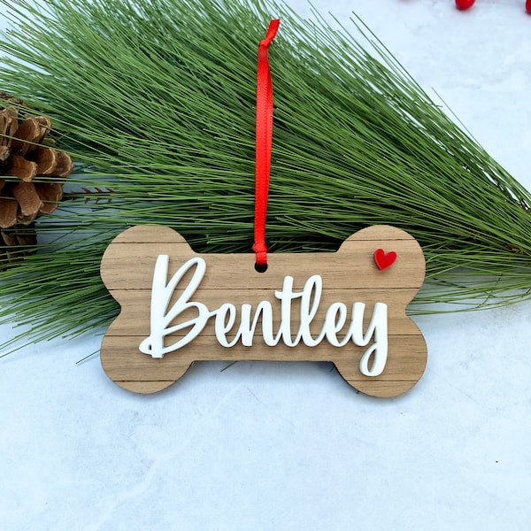 Personalized Dog Ornament - Custom Dog Bone - Wood Shiplap Puppy Name Bone - Dog Christmas Gift - Rustic Dog Bone Xmas Ornament