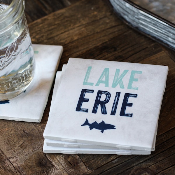 Lake Erie Coasters, Lake Erie Gift, Lake House Gift, Great Lakes Decor, Lake Erie Signs, Fishing Coasters, Lake Erie Decor, Walleye Decor