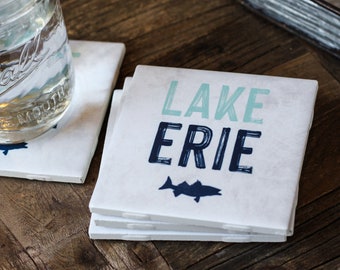 Lake Erie Coasters, Lake Erie Gift, Lake House Gift, Great Lakes Decor, Lake Erie Signs, Fishing Coasters, Lake Erie Decor, Walleye Decor