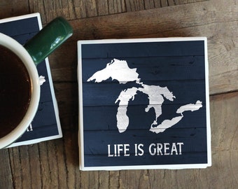 Great Lakes Coasters / Lake House Decor / Lake Gift / Lake Erie / Lake Huron / Lake Michigan / Housewarming Gift / New Home Gift / Lake Home