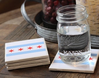 Chicago Flag Coasters, Chicago Coasters, Chicago, Coasters, Tile Coasters, Drink Coasters, Handmade Coasters, Coaster Set of 4, Chicago Flag