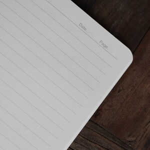 May include: A blank, lined notebook with the words "Date" and "Page" printed at the top of the page. The notebook is lying open on a dark brown wooden surface.