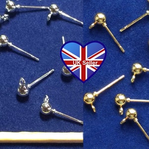 10 or 100x Ball Stud & Loop Earring Posts 4mm. (No backs) Nickel Free. Gold/Silver. Findings*Pierced*blank. UK Seller. Cheap UK Postage.