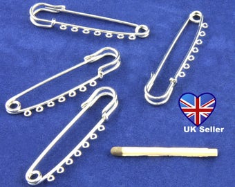 4x Kilt Pins with 7 Loops, Silver Metal 5.5cm. Shawl Pin*Charm Pin*Safety Pin*Brooch. Made in the UK - UK Seller. Cheap UK Postage.