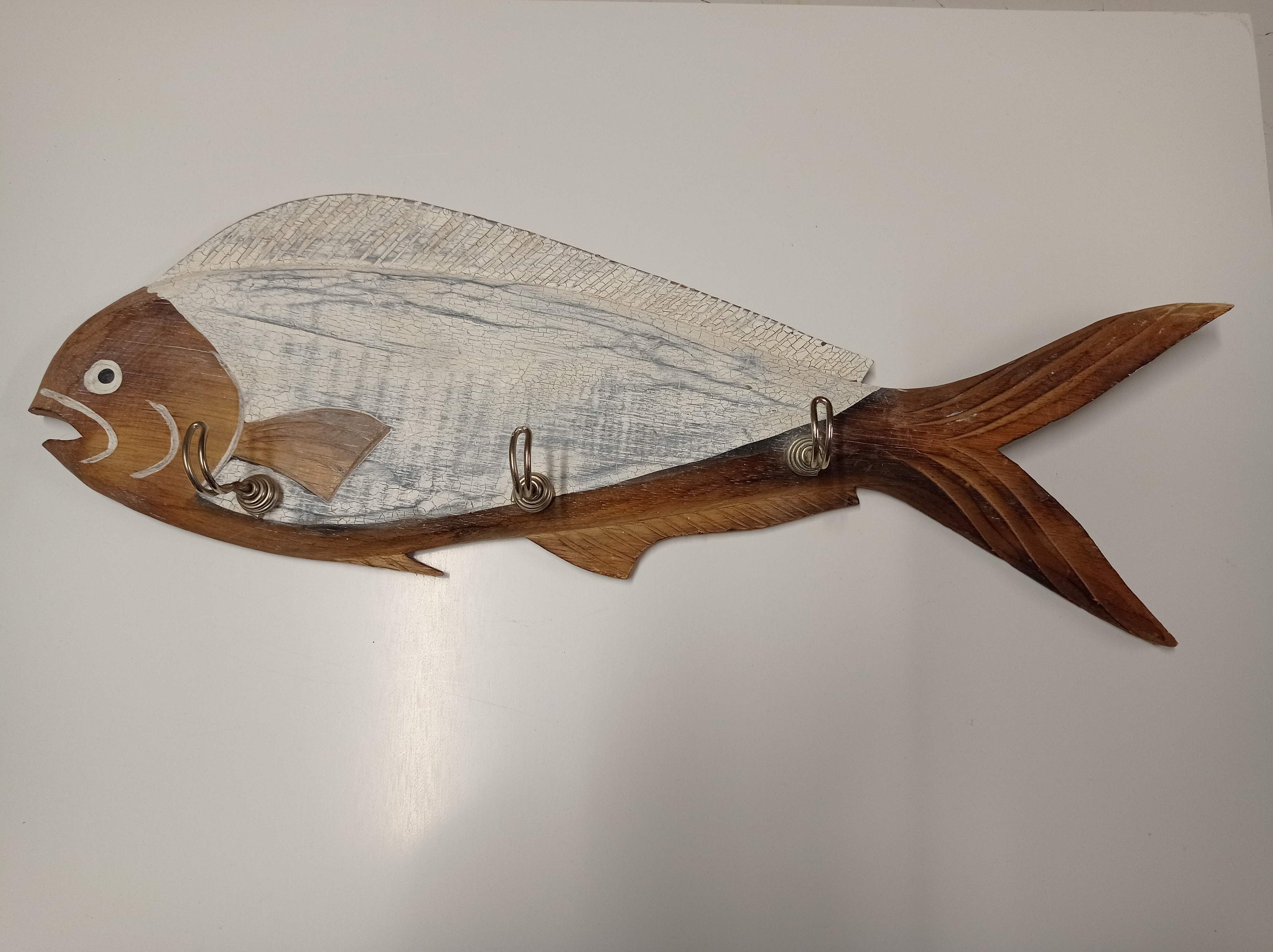 Porte Torchon Mural Poisson, Porte Seviettes, 3 Crochets en Bois Naturel et Blanc