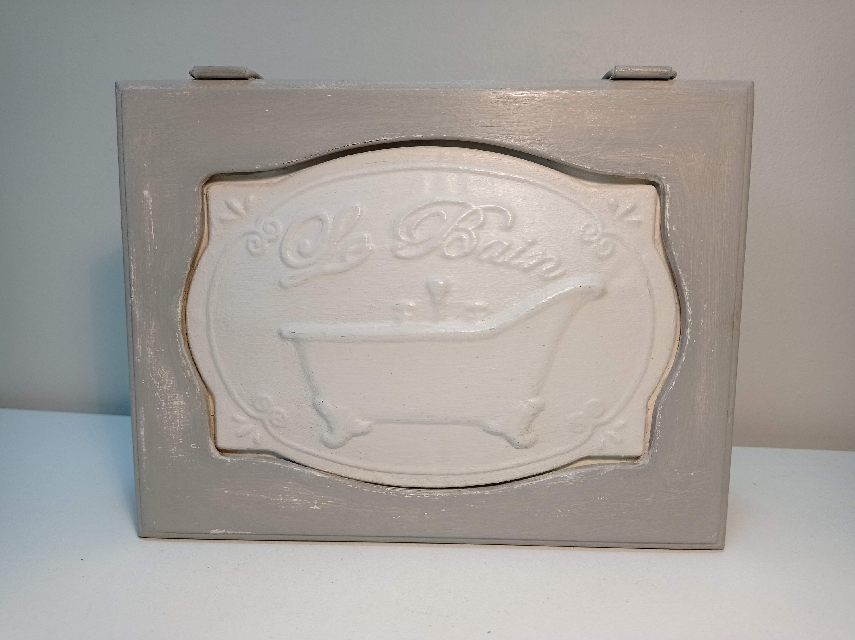 Boite Coffret Salle de Bains, à Bijoux... en Bois Gris Patiné Blanc Shabby.