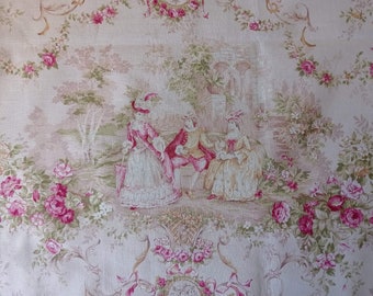 Coupon tissu patchwork "toile de Jouy" rose beige rouge 50 X 110 cm, tissu romantique, Marie Rose collection