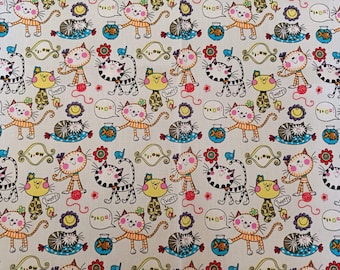 Popeline de coton enfant motifs animaux chats, blanc multicolore, bande de 27 X 140 cm, Tissu enfant