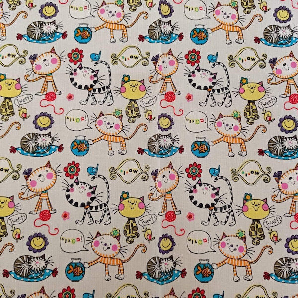 Popeline de coton enfant motifs animaux chats, blanc multicolore, bande de 27 X 140 cm, Tissu enfant