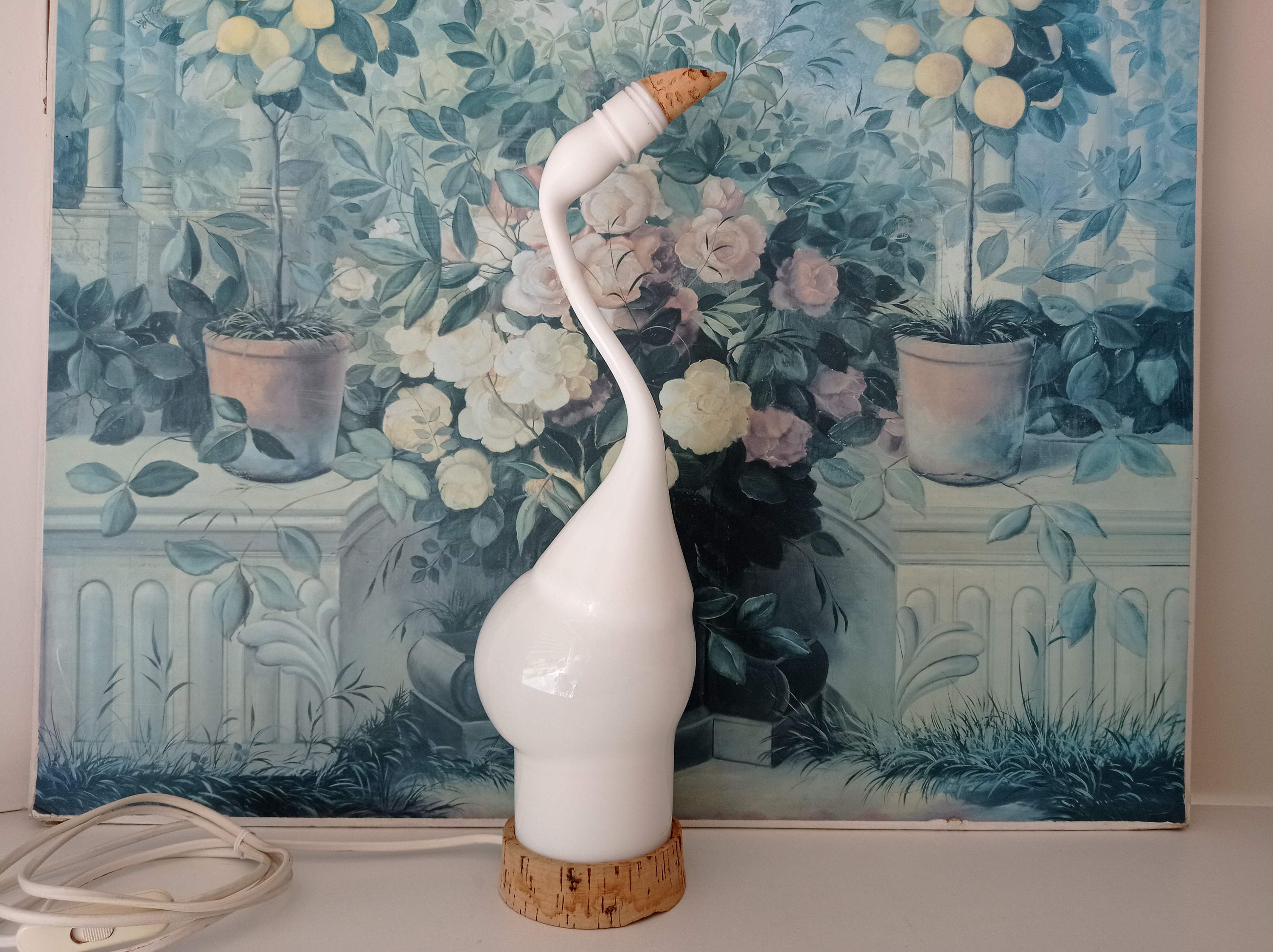 Lampe Blanche 41 cm Oiseau Bouteille Vintage en Verre