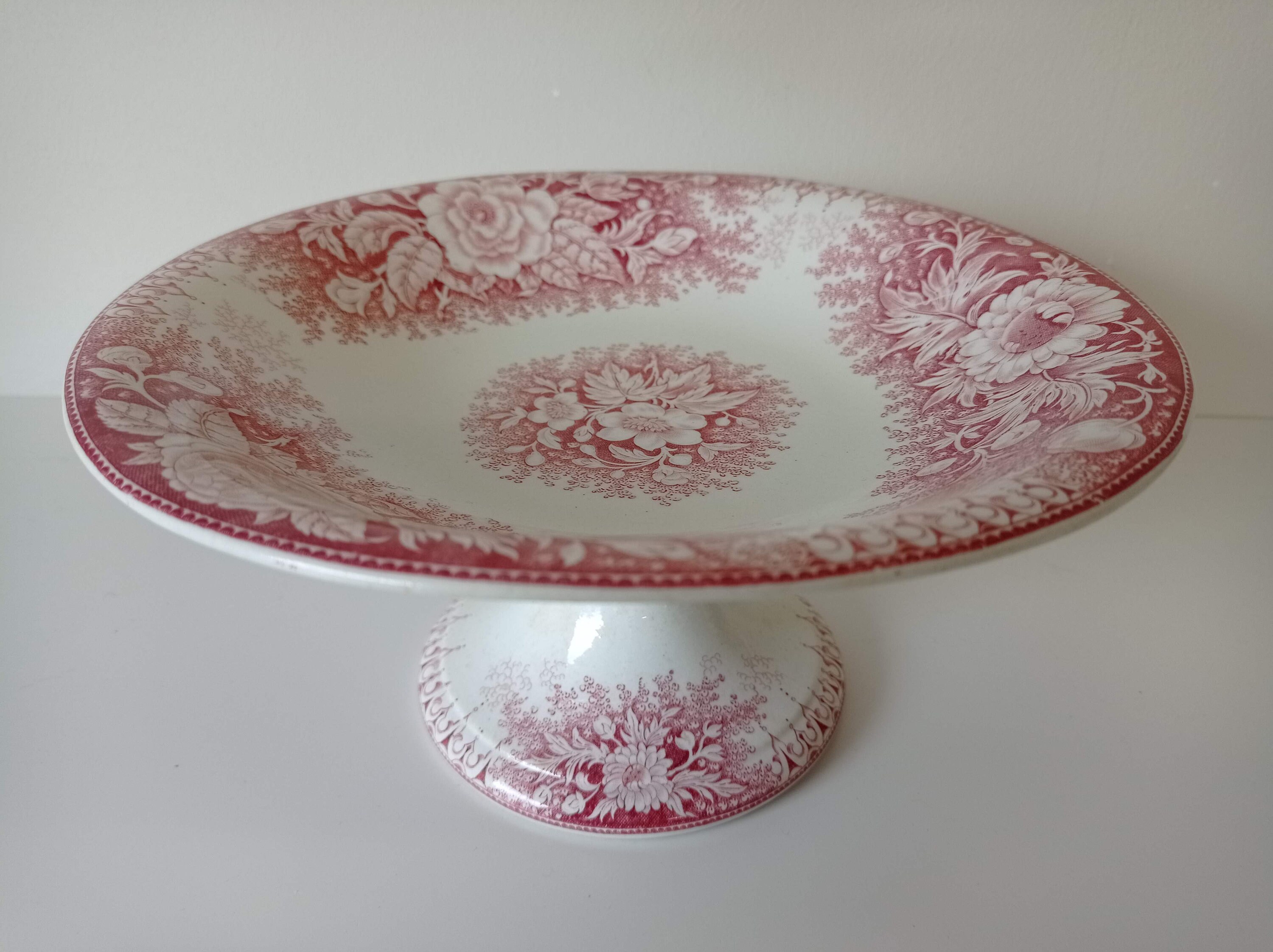 Compotier sur Pied Rose, Fleurs Ff Pexonne, Ancien, Coupe Piedouche Shabby, Terre de Fer