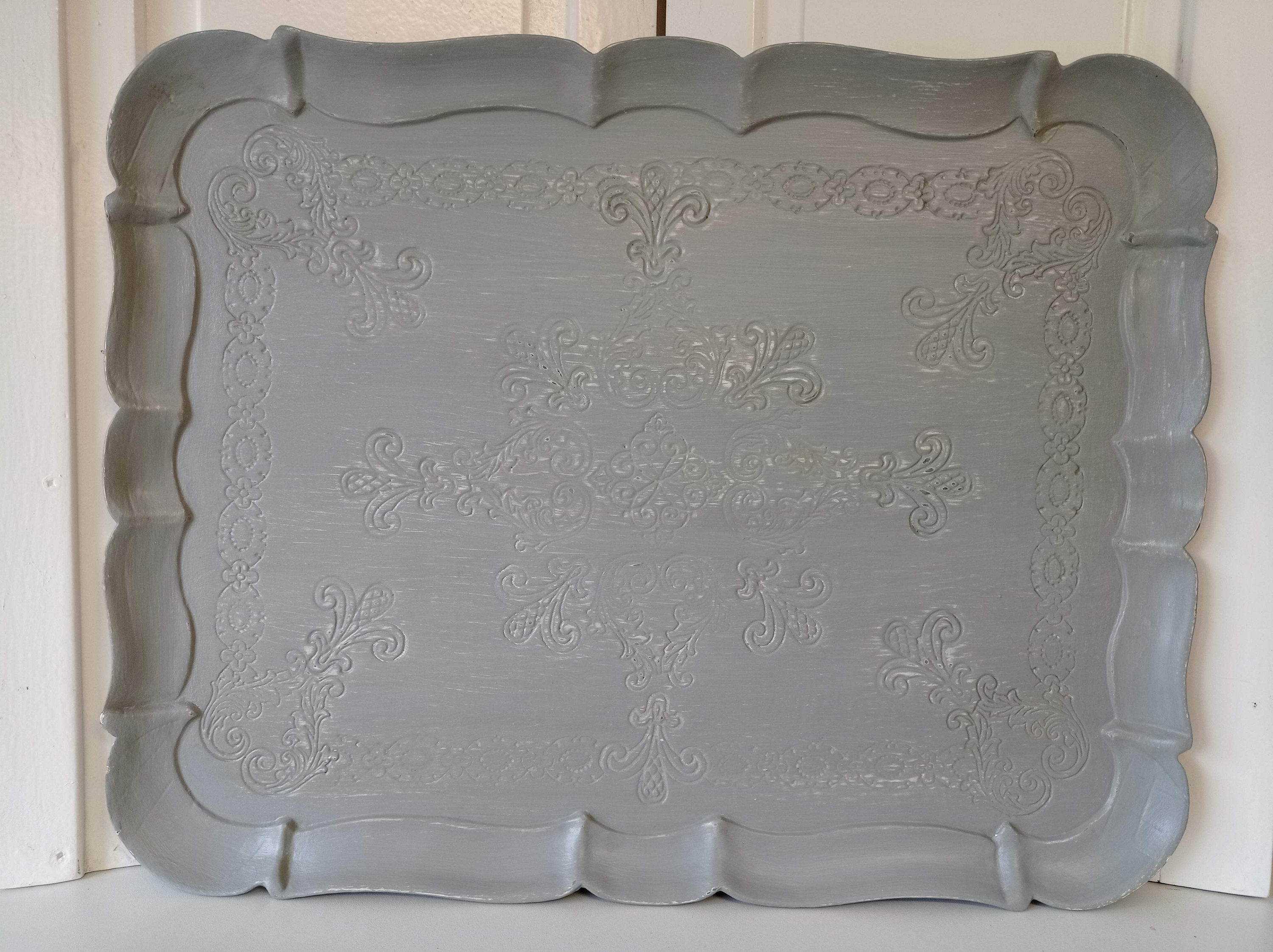 Plateau de Style Vénitien Florentin Gris Patiné Blanc à La Main Shabby