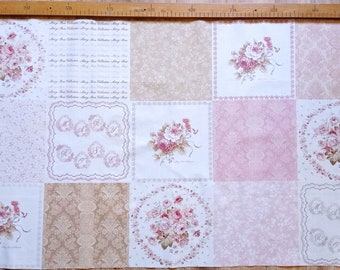 Coupon tissu patchwork shabby fleuri rose beige 60 X 110 cm, tissu à vignettes romantiques, Marie Rose collection