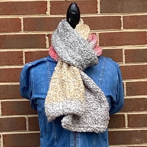 Handmade knit chunky scarf, grey chunky scarf with gold and red blended stripes, luxurious soft winter scarf.  Free domestic USPS shipping!!