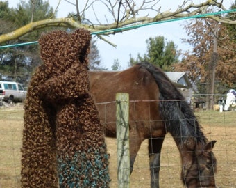 Handmade knit chunky scarf, brown winter scarf, soft warm scarf, chunky winter scarf, brown and turqoise scarf, Free USPS domestic shipping.