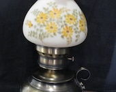 Fenton Hurricane Lamp with Hammered Brass Base and Yellow Daisy Flowered Shade