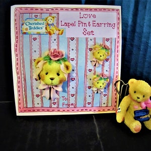 Vuntage Cherished Teddies 1) 1995 Lapel Pin and Earring Set,2) 2000 Necklace