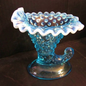 Vintage Fenton Pre-Logo,&quot;Opalescent,Blue Hobnail &quot; Cornucopia Vase-Candleholder