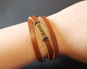 Leather bracelet, leather wrap bracelet, charm bracelet, leather cuff, wrap bracelet, boho bracelet, cuff bracelet, brown bracelet, Hope