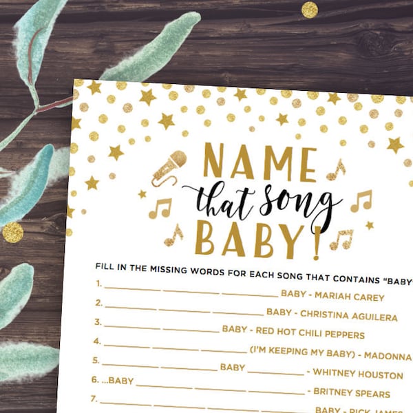 Black and Gold Baby Shower Games Printable, Name that Song Baby! Music trivia game, Twinkle Twinkle Little Star Theme, Instant Download