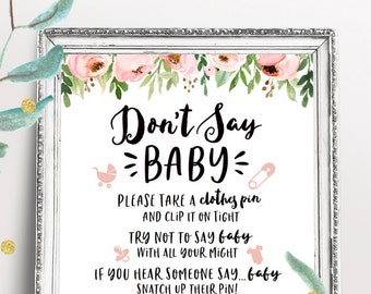 Flower Baby Shower Activity Sign, Don't Say Baby Game, Printable Baby Shower Decorations, Rustic Floral, Gender Neutral Shower, Download
