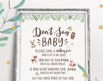 Woodland Animals Baby Shower Theme, Don't Say Baby Game Sign, Printable Baby Shower Games, Instant Download, Gender Neutral, Rustic Forest