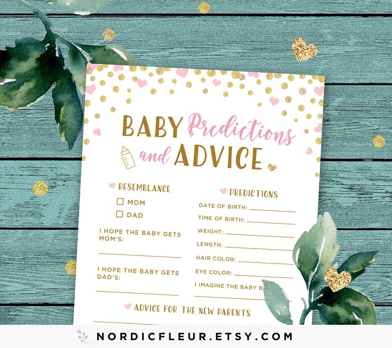 Pink Baby Prediction Cards and Baby Advice Pink and Gold - Etsy