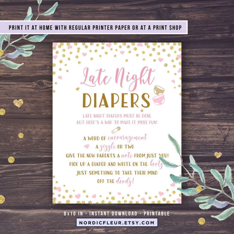 Late Night Diapers Baby Shower Game Printable Pink and Gold Etsy