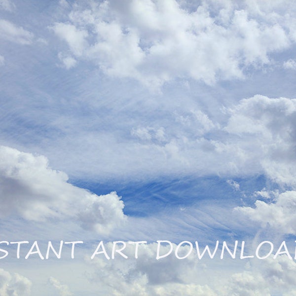 Clouds Digital Download Three Large Images Blue White Sky Backdrops Background Nature  Stock Photography Prop Image Photo Instant Art Clouds