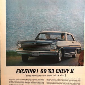 1963 Chevrolet Chevy II Nova car advertisement.  Vintage 1963 Chevy II Nova car ad.  10&quot;W x 14&quot;H