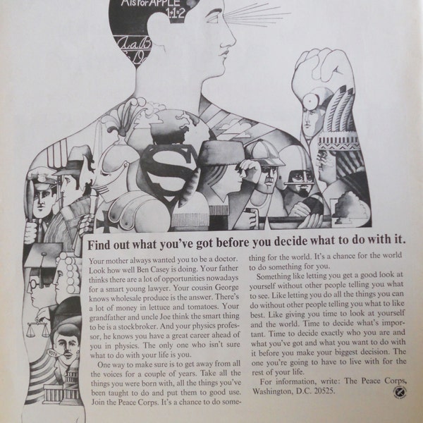 Peace Corps Ad.  1967 Peace Corps ad.  Peter Max style illustrations.  Black and white.  Life Magazine, Sept 29, 1967.