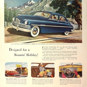 1949  Packard car advertisement.  Vintage 1950 Packard Eight Touring Sedan car ad.  11&quot;W x 14&quot;H