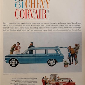 1961 Chevrolet Corvair car advertisement.  Vintage 1961 Corvair Lakewood station wagon ad.  10&quot;W x 14&quot;H