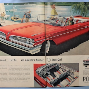 1959 Pontiac Bonneville car advertisement.  Vintage 1959 Pontiac Bonneville ad.  1959 Bonneville convertible ad.  20&quot;W x 14&quot;H.