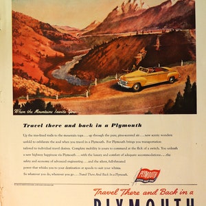 1946 Plymouth car advertisement.  Vintage 1946 Plymouth convertible car and travel ad.  10&quot;W x 14&quot;H