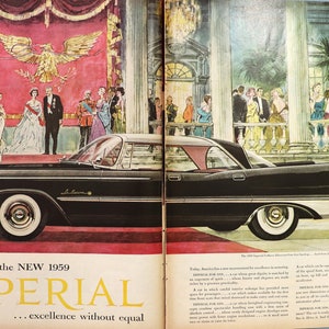1959 Chrysler Imperial car advertisement.  Vintage 1959 Chrysler Imperial Le Baron car ad.  20&quot;W x 14&quot;H