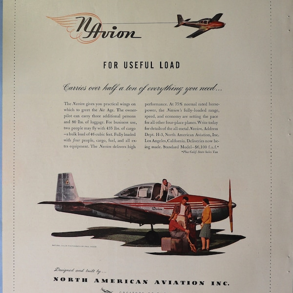 1946 Navion airplane advertisement.  Vintage 1946 North American Aviation Navion airplane ad.  10"W x 14"H