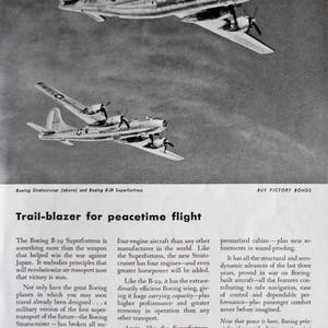1945 Boeing B-29 Superfortress ad.  1945 Boeing Stratocruiser ad.  Vintage Boeing Aircraft ad.  World War II Boeing B-29 Superfortress.