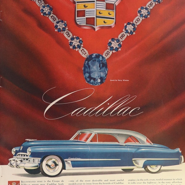 1949 Cadillac car advertisement.  Vintage 1949 Cadillac Coupe de Ville ad with Harry Winston jewels.  10"W x 14"H