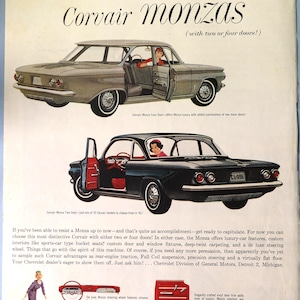 1961 Chevrolet Corvair Monza car advertisement.  Vintage 1961 Corvair Monza ad.  10&quot;W x 14&quot;H